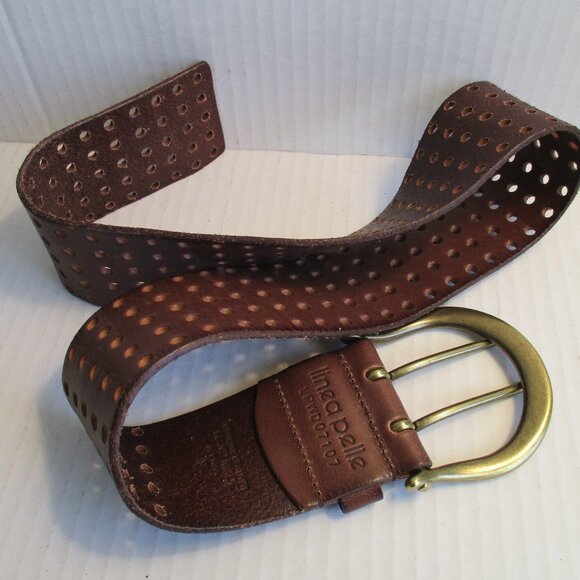 *Linea Pelle Brown Boho Chestnut Perforated Double Prong Buckle Belt - Picture 5 of 7